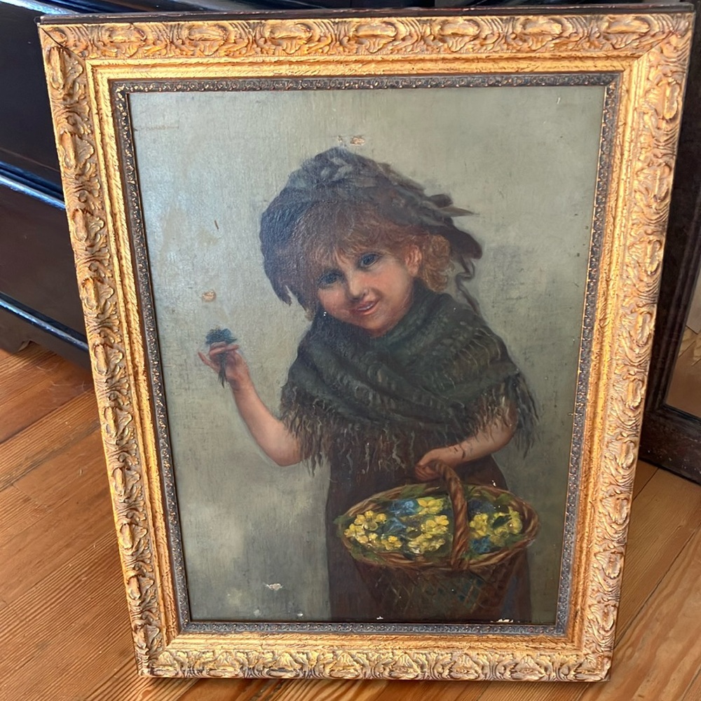 Vintage Portrait Girl with a Basket Oil Painting